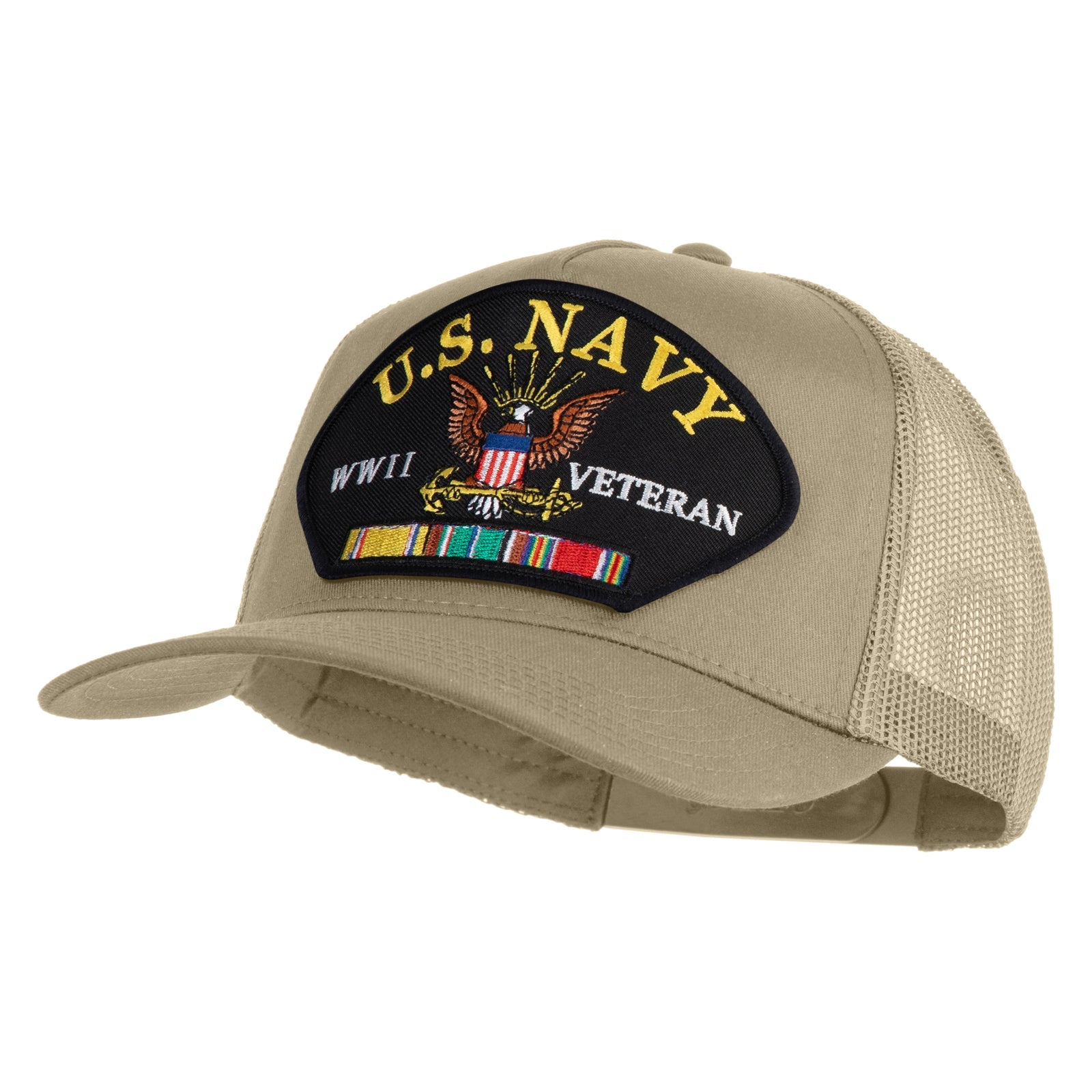 Beige cap with U.S. Navy Veteran patch on a white background
