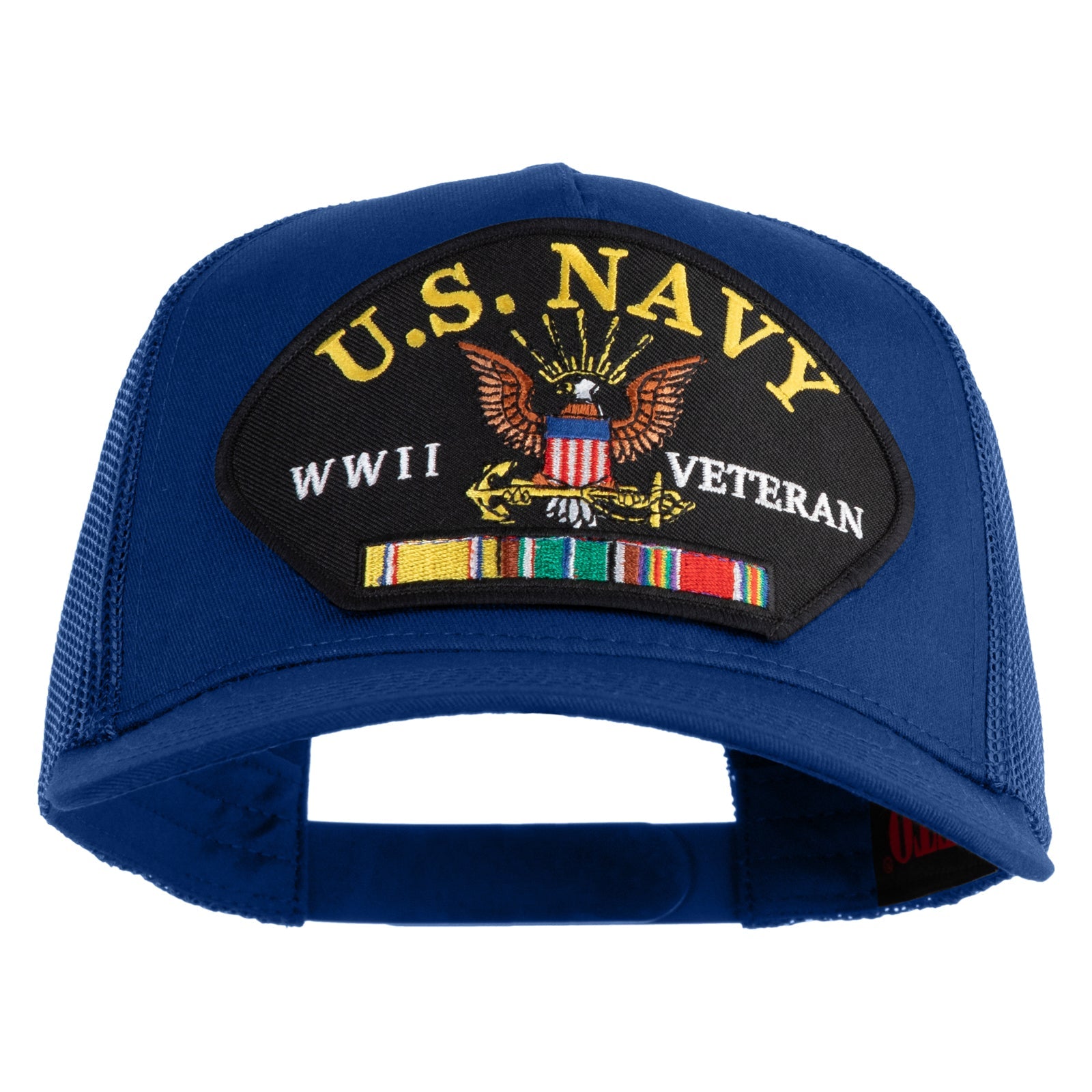 Blue cap with U.S. Navy WWII Veteran patch on a white background