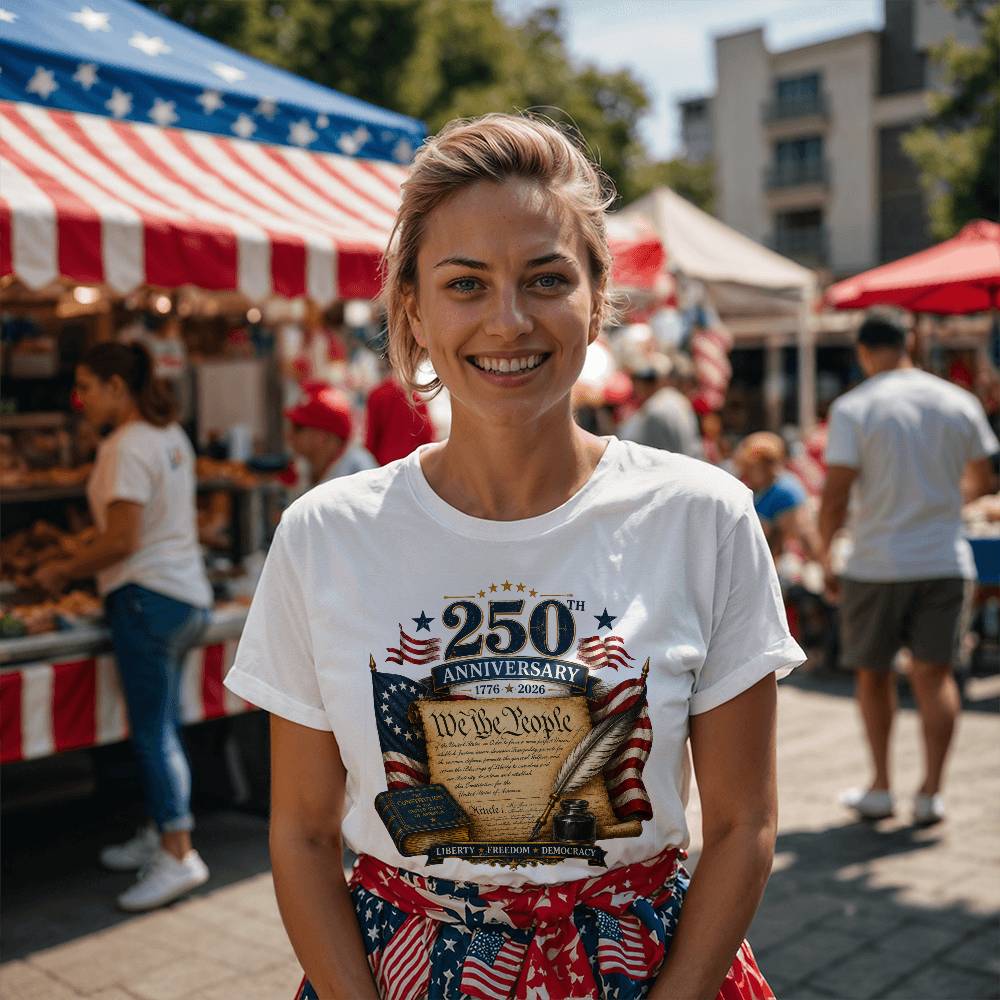 A woman smiling at an outdoor market wearing a white graphic T-shirt with a 250th Anniversary We the People design, paired with a red, white, and blue patterned skirt.