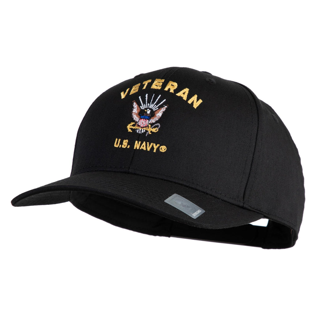 Navy blue cap with 'Veteran U.S. Navy' text and emblem on a white background