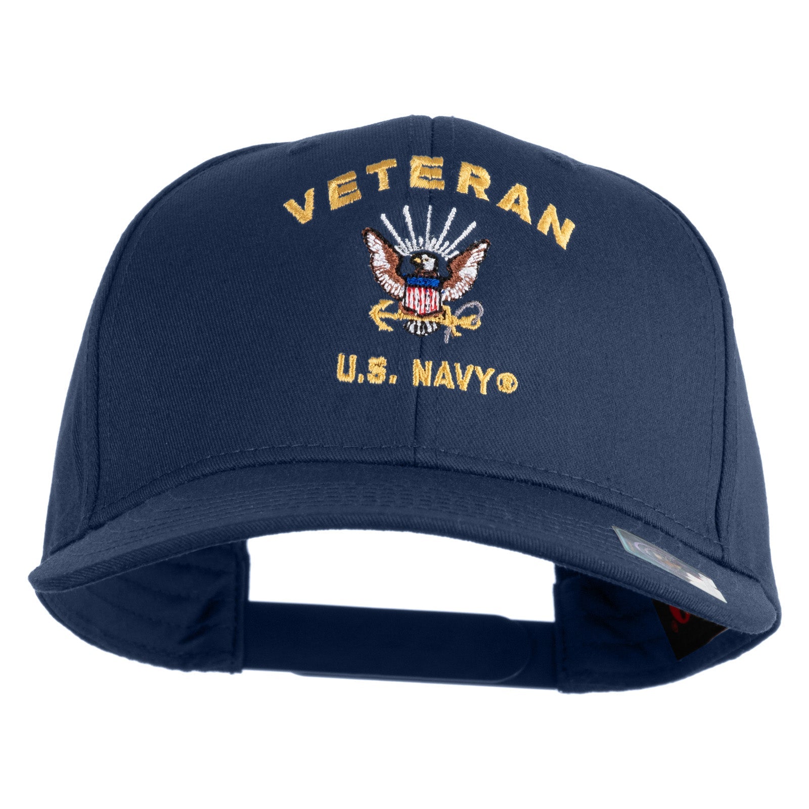 Navy blue cap with 'Veteran U.S. Navy' text and emblem on a white background
