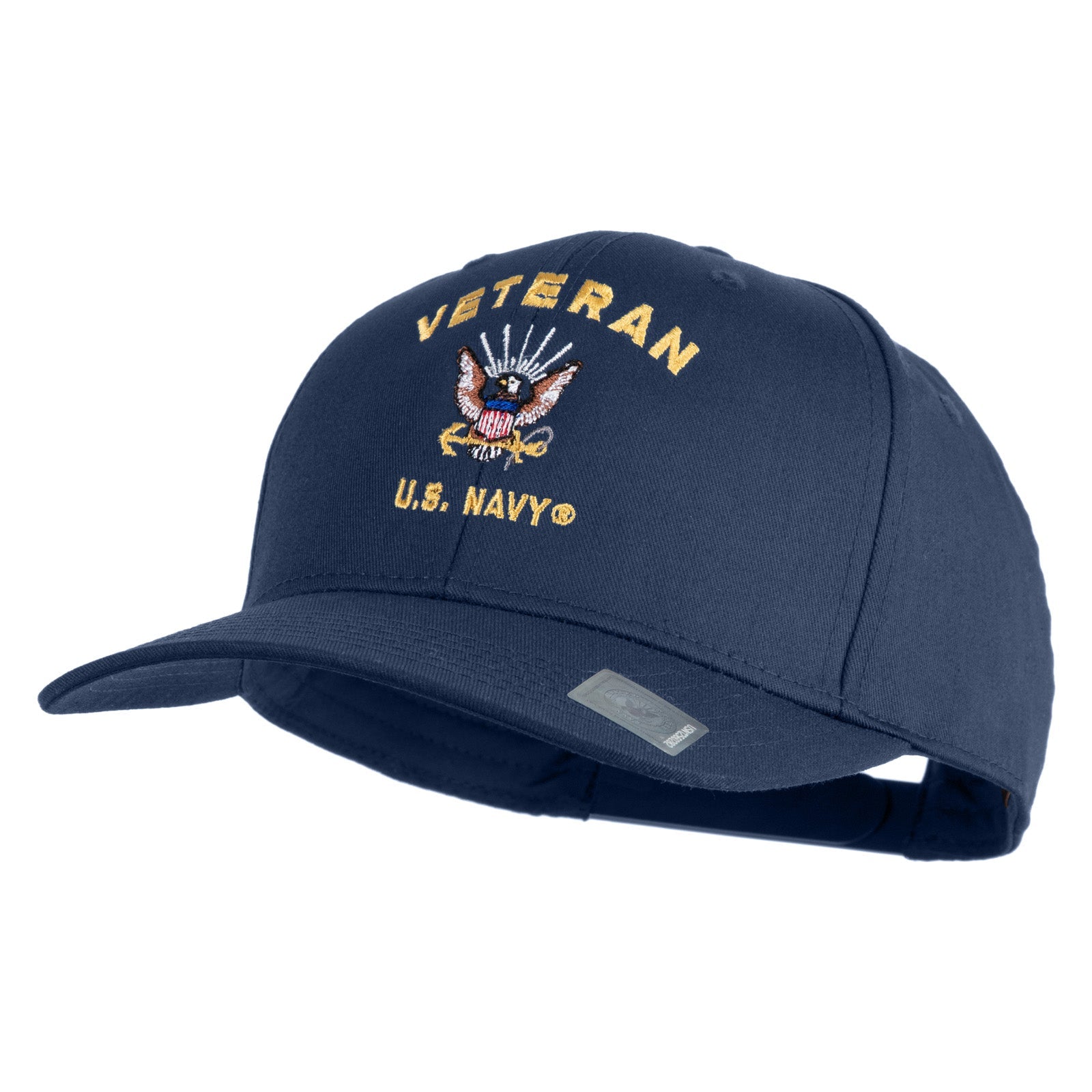 Navy blue cap with 'Veteran U.S. Navy' text and emblem on a white background