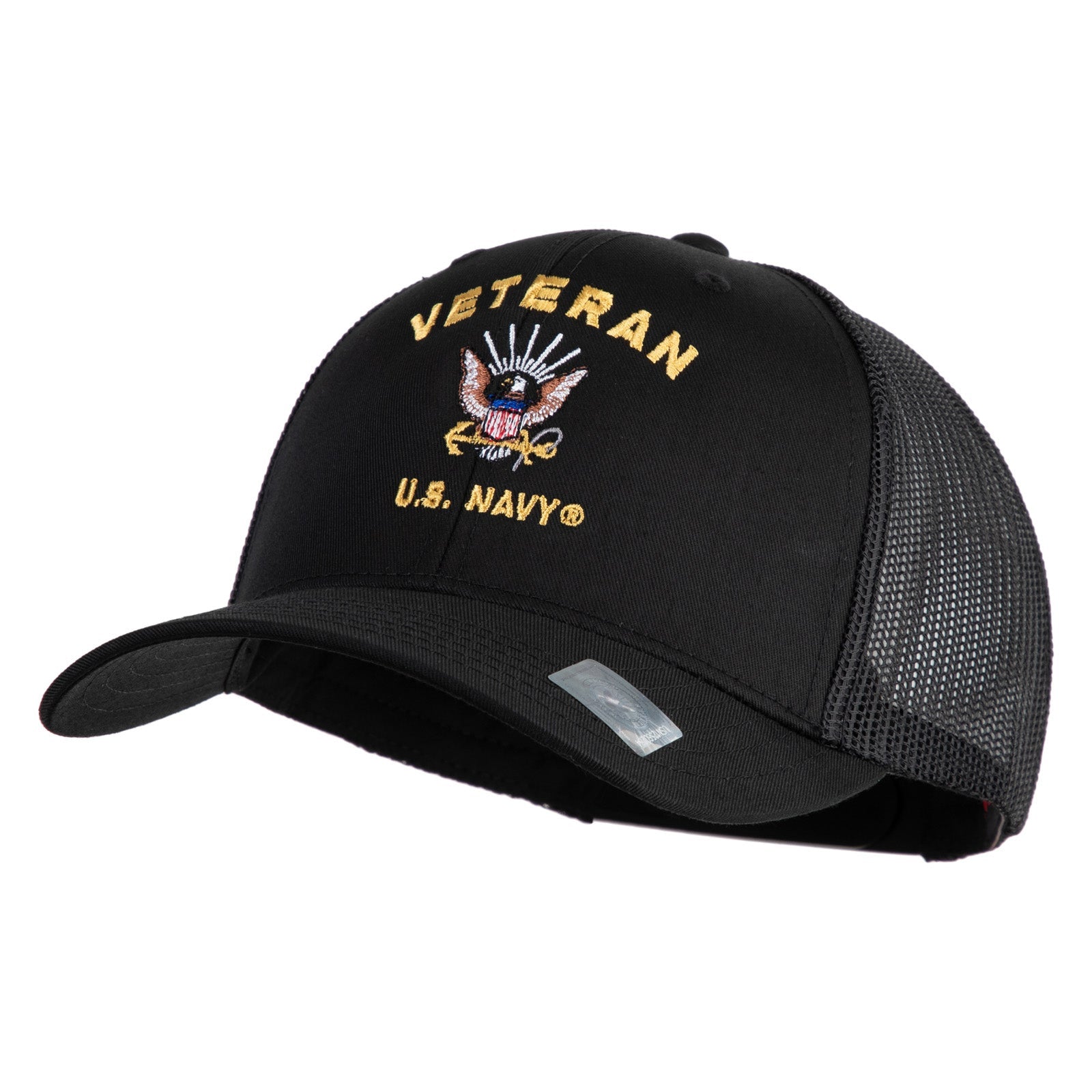Black cap with 'Veteran U.S. Navy' embroidery on a white background