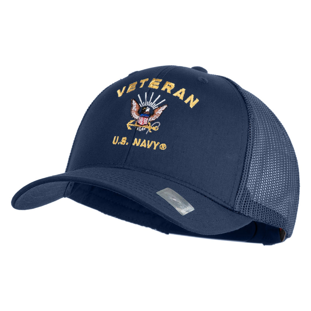 Navy blue cap with 'Veteran U.S. Navy' text and emblem on a white background