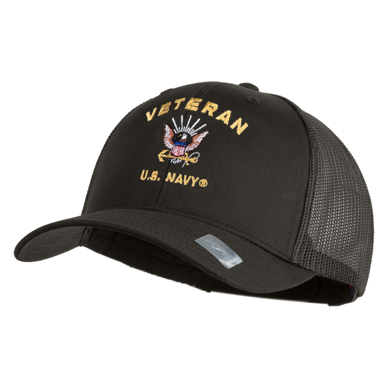 Black cap with 'Veteran U.S. Navy' embroidery on a white background