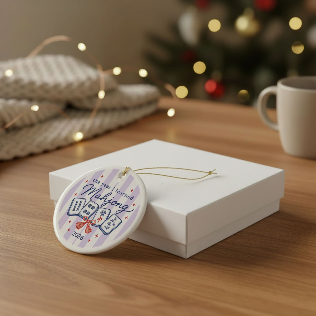 A round ceramic Christmas ornament with a gold hanging string rests on top of a white gift box on a wooden table. The ornament is printed with a purple and white striped background, the text 'The year I wanted: Mahjong 2026', and illustrations of four tiles and a small red angel.