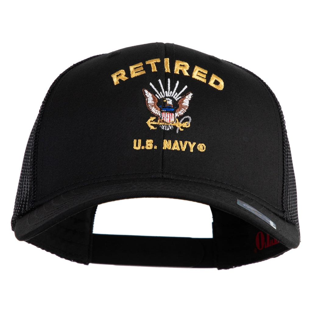 Black cap with 'Retired U.S. Navy' text and eagle emblem on a white background