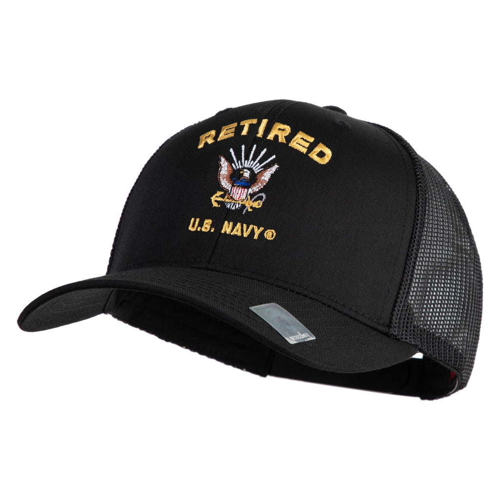 Black cap with 'Retired U.S. Navy' embroidery on a white background