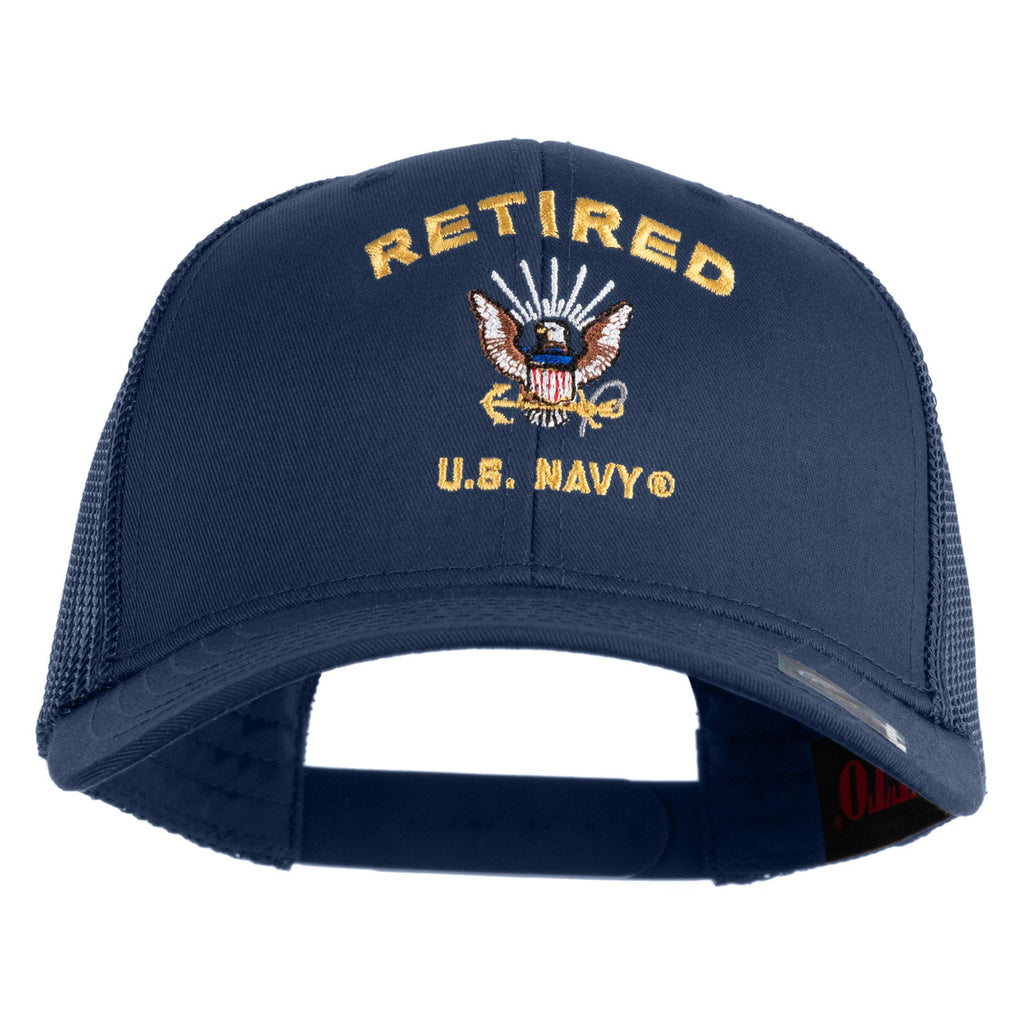 Navy blue cap with 'Retired U.S. Navy' text and eagle emblem on a white background