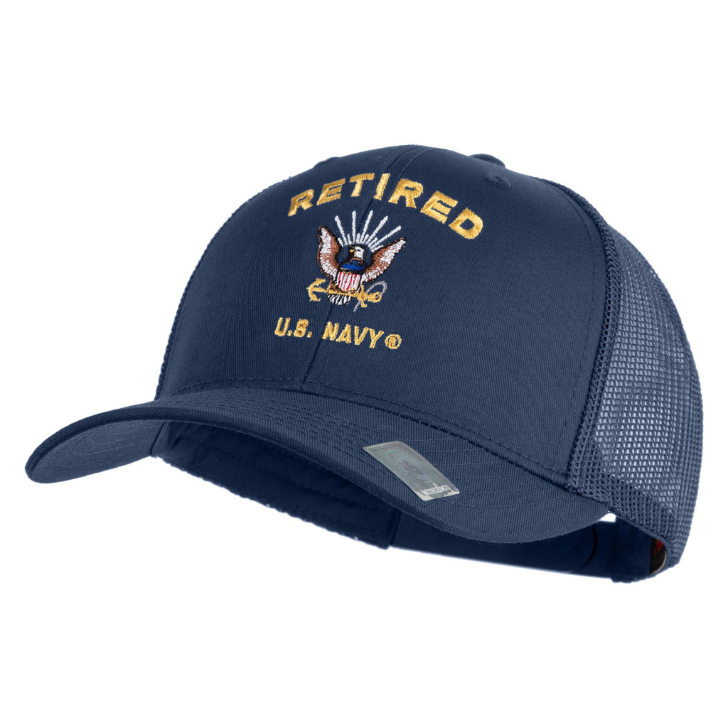 Navy blue cap with 'Retired U.S. Navy' text and emblem on a white background