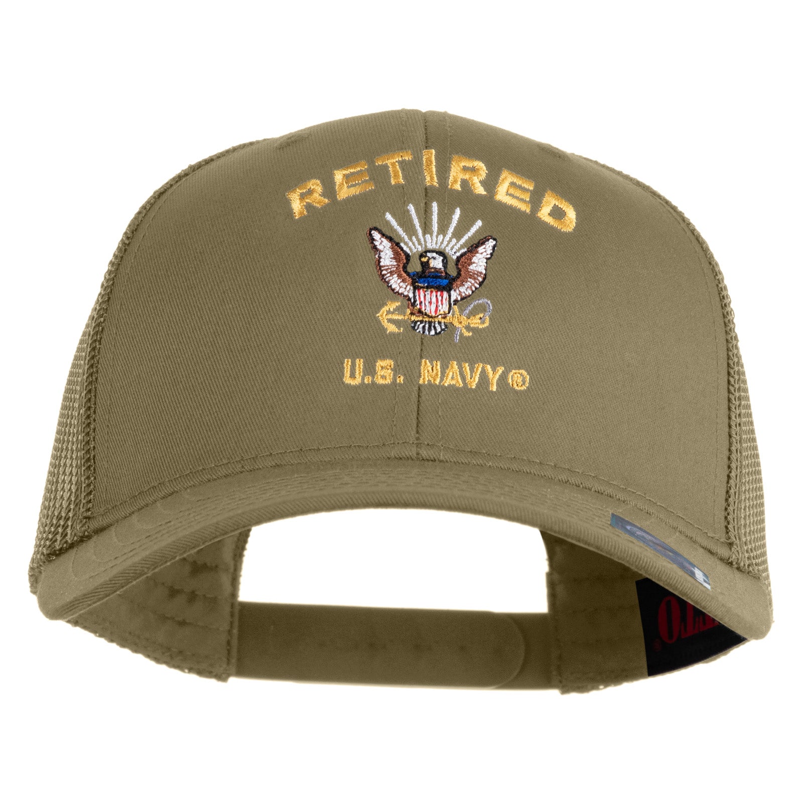 Khaki cap with 'Retired U.S. Navy' embroidery on a white background