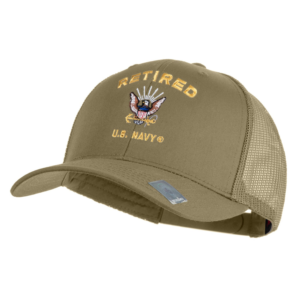 Khaki cap with 'Retired U.S. Navy' embroidery on a white background