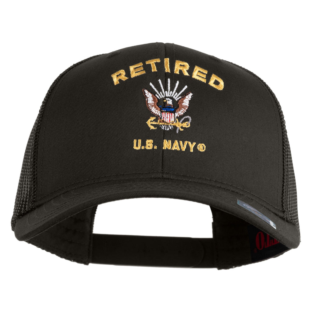 Black cap with 'Retired U.S. Navy' text and eagle emblem on a white background