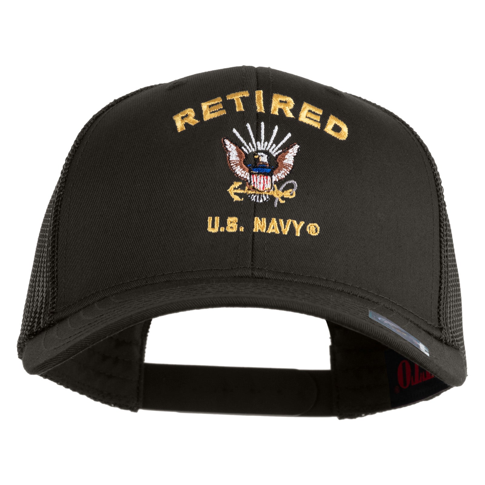 Black cap with 'Retired U.S. Navy' text and eagle emblem on a white background