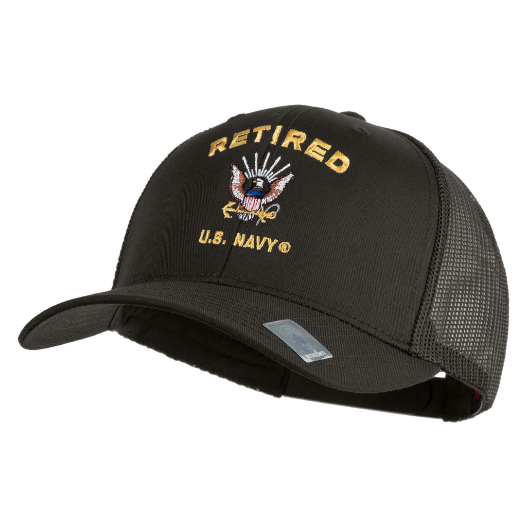 Black cap with 'Retired U.S. Navy' embroidery on a white background