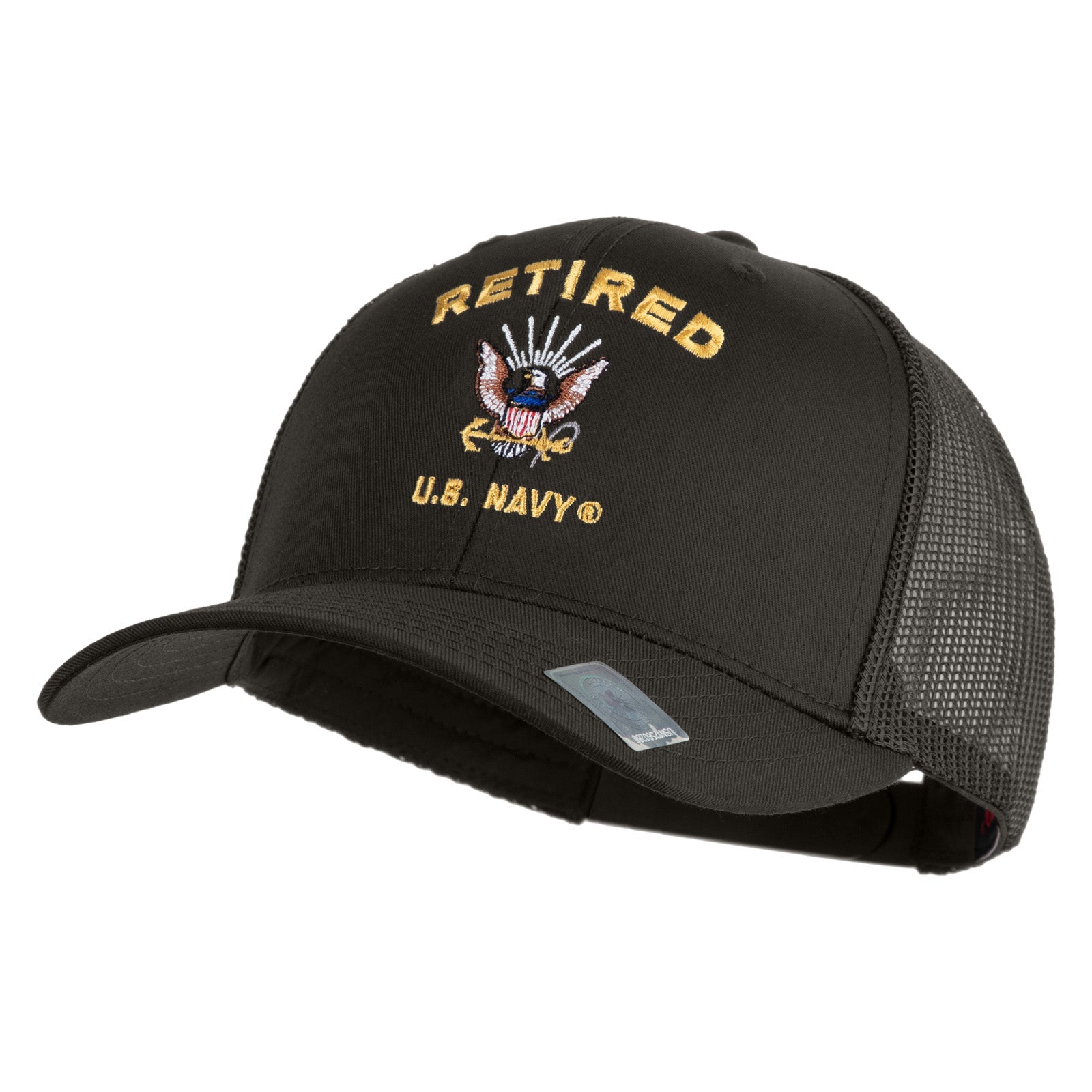 Black cap with 'Retired U.S. Navy' embroidery on a white background