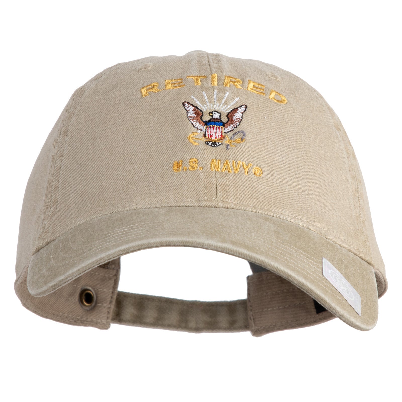 Beige cap with 'Retired U.S. Navy' text and emblem on a white background