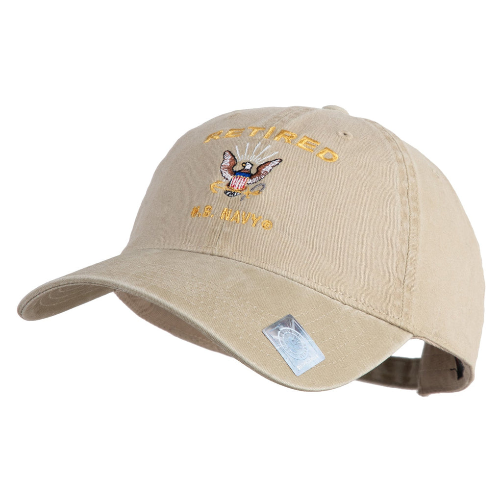 Beige cap with 'Retired U.S. Navy' emblem on a white background