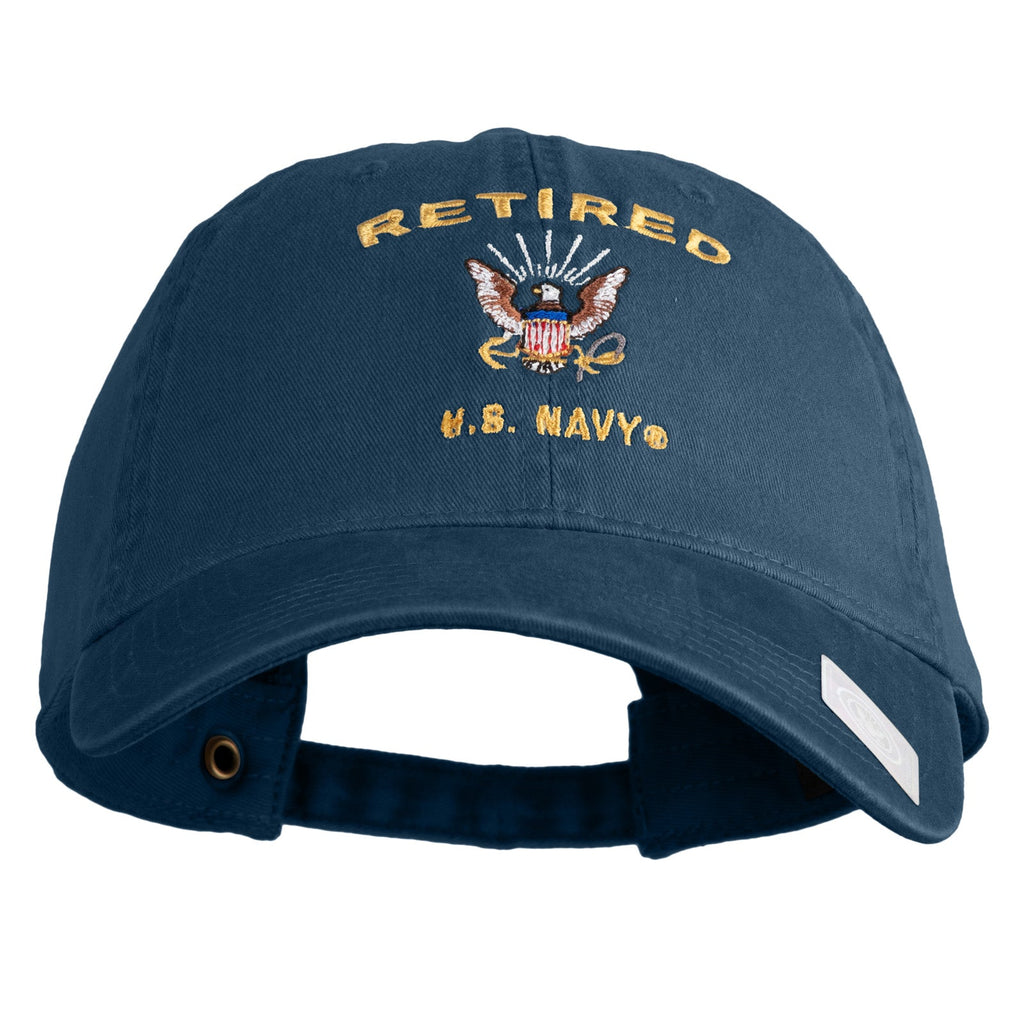 Navy blue cap with 'Retired U.S. Navy' text and eagle emblem on a white background