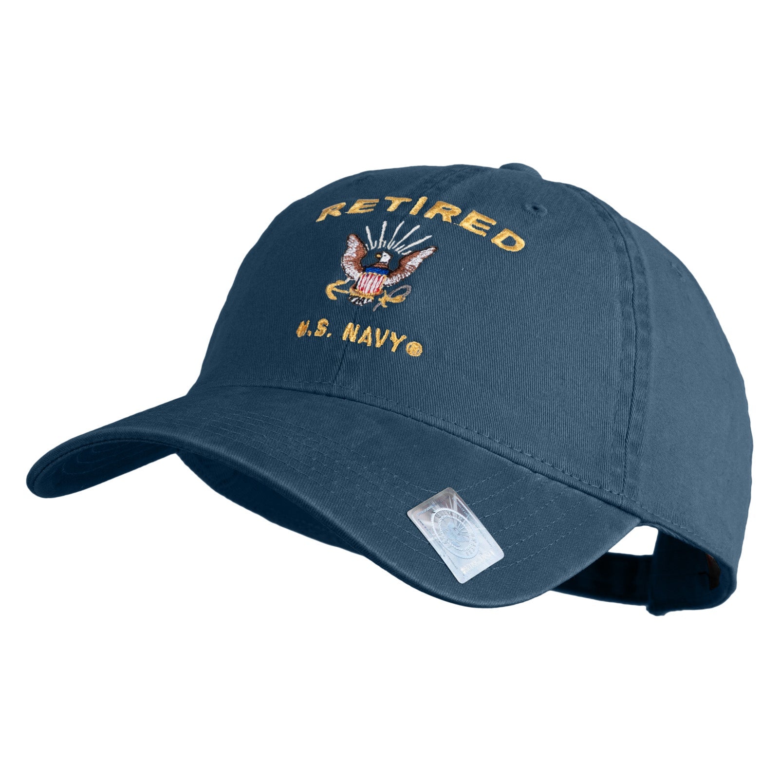 Blue cap with 'Retired U.S. Navy' text and eagle emblem on a white background