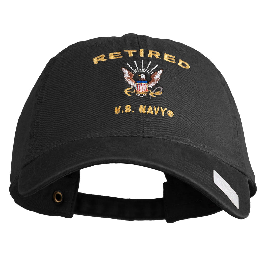 Black cap with 'Retired U.S. Navy' embroidery on a white background