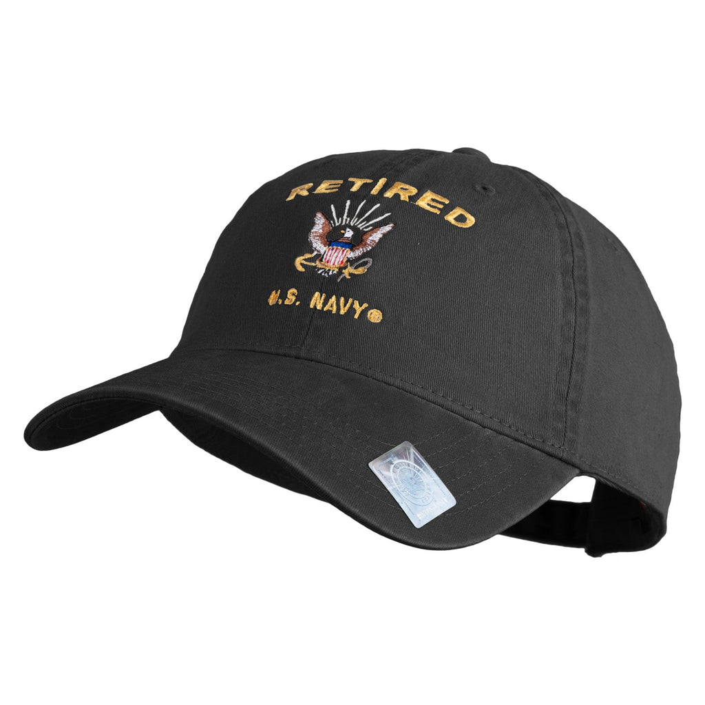 Black cap with 'Retired U.S. Navy' embroidery on a white background
