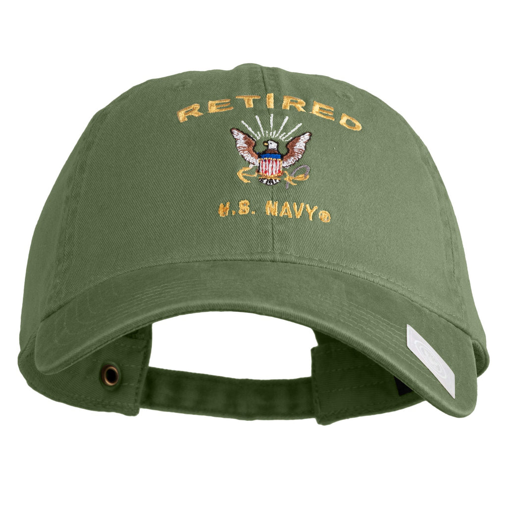 Green cap with 'Retired H.S. Navy' embroidery on a white background