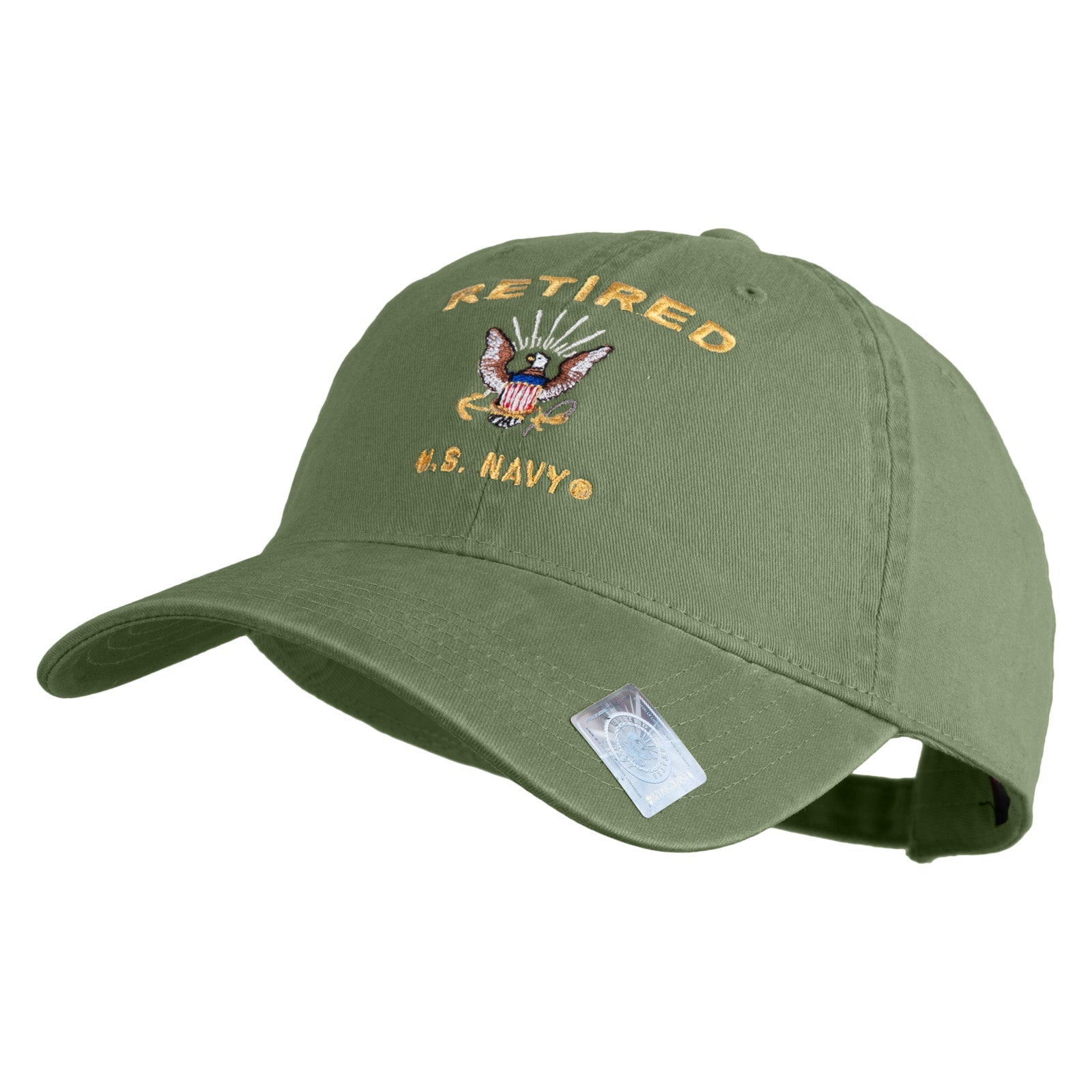 Green cap with 'Retired U.S. Navy' text and emblem on a white background
