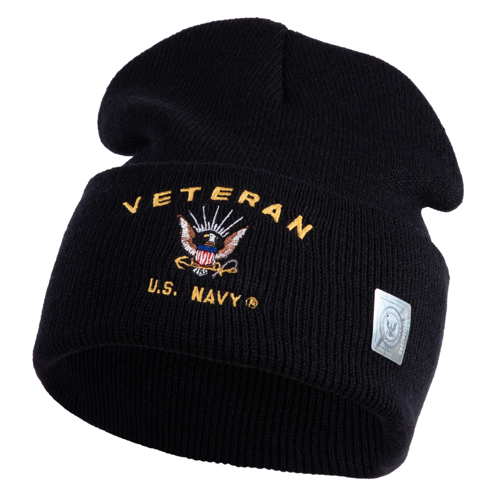 Black beanie with U.S. Navy Veteran embroidery on a white background