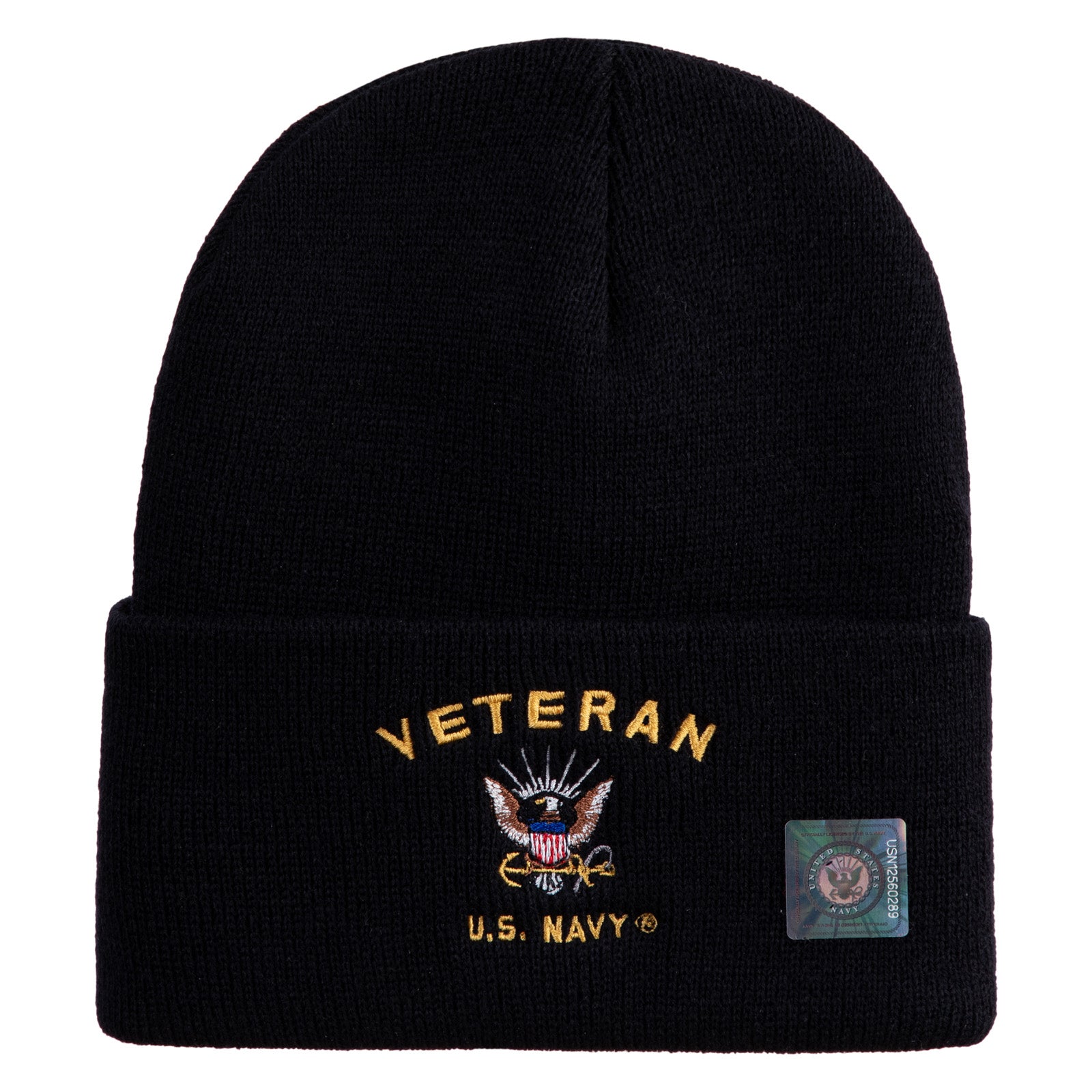Black beanie with 'Veteran U.S. Navy' embroidery on a white background