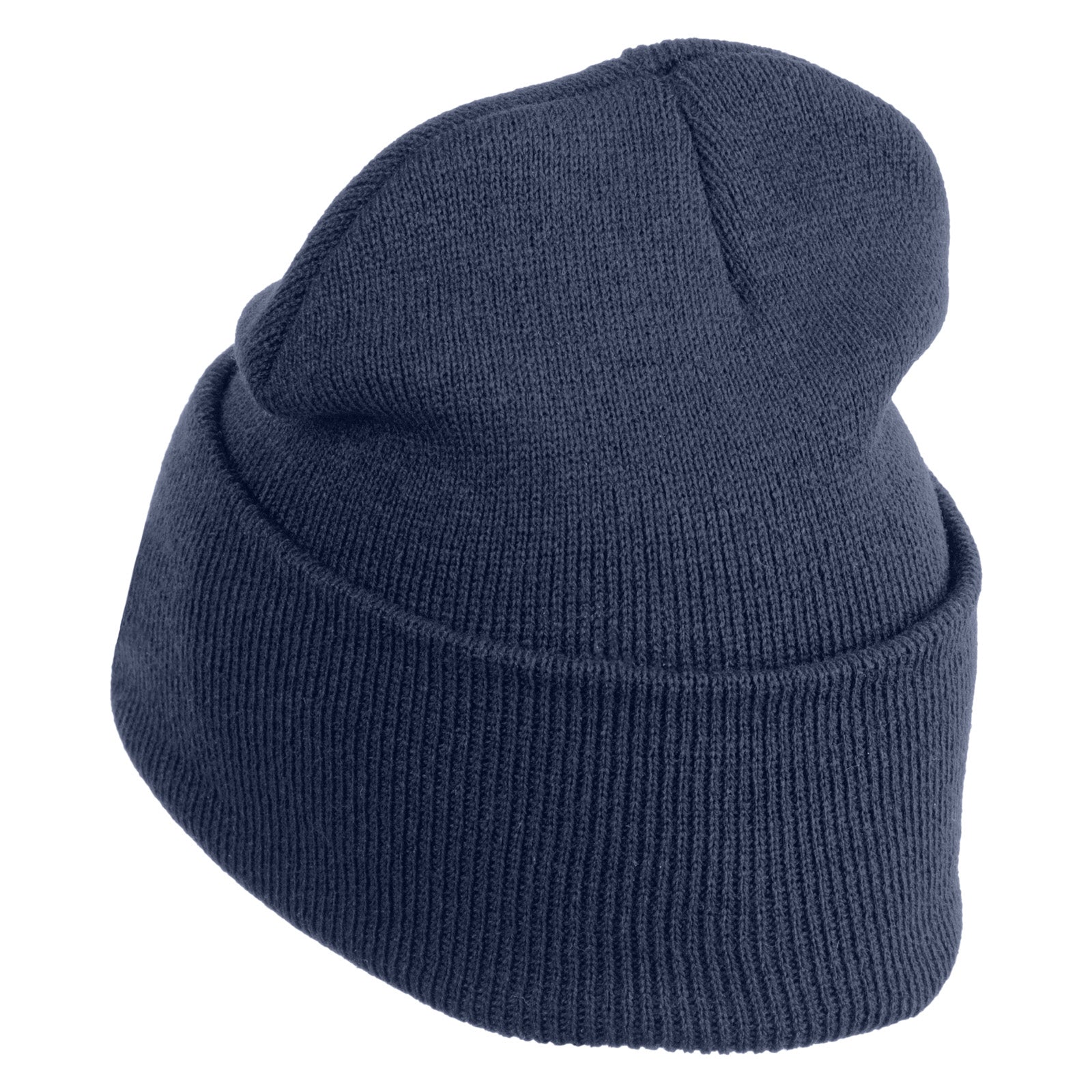Navy blue knit beanie on a white background