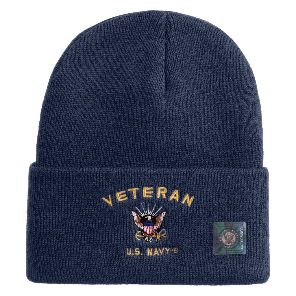 Dark green beanie with 'Veteran U.S. Navy' embroidery on a white background