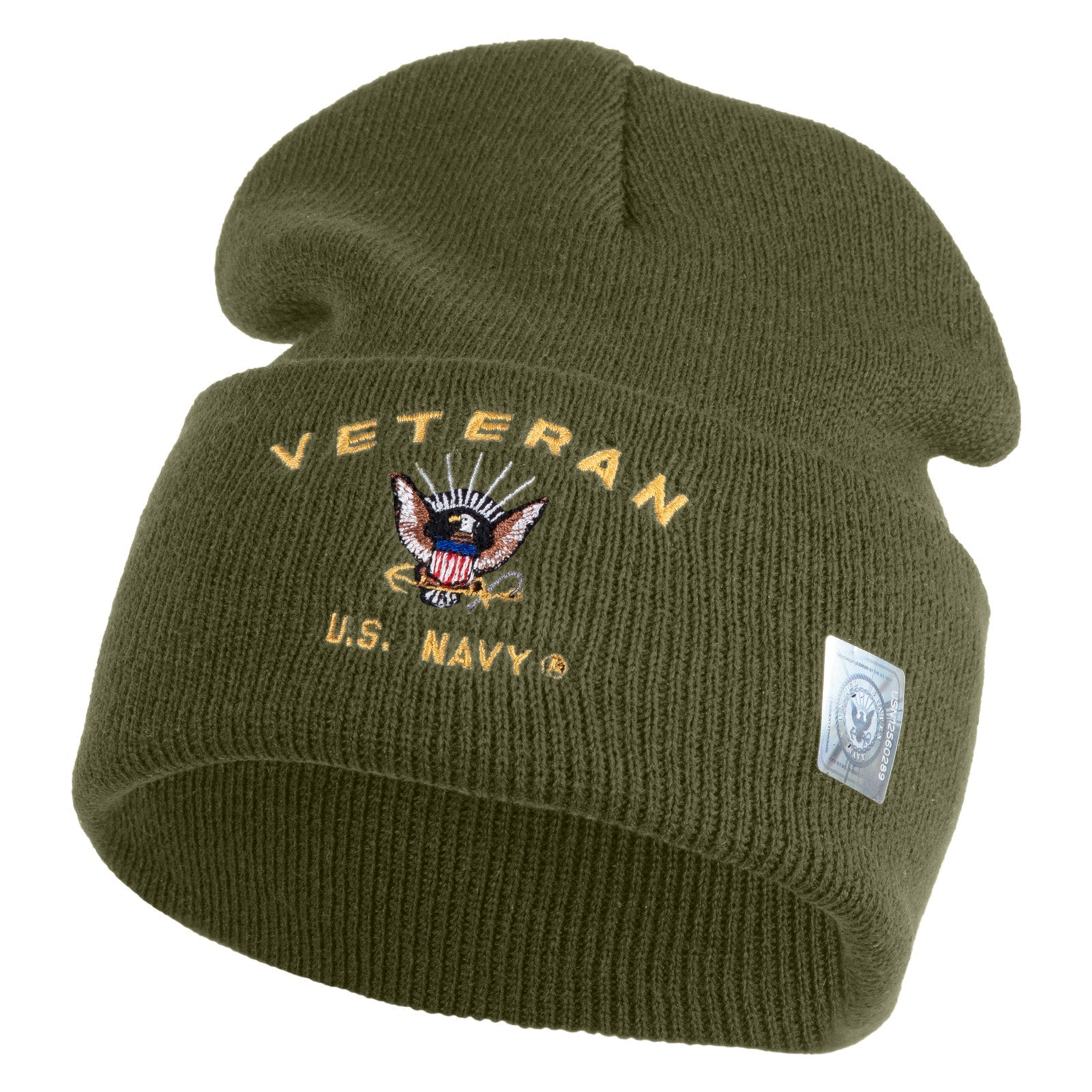 Green knit beanie with U.S. Navy Veteran logo on a white background