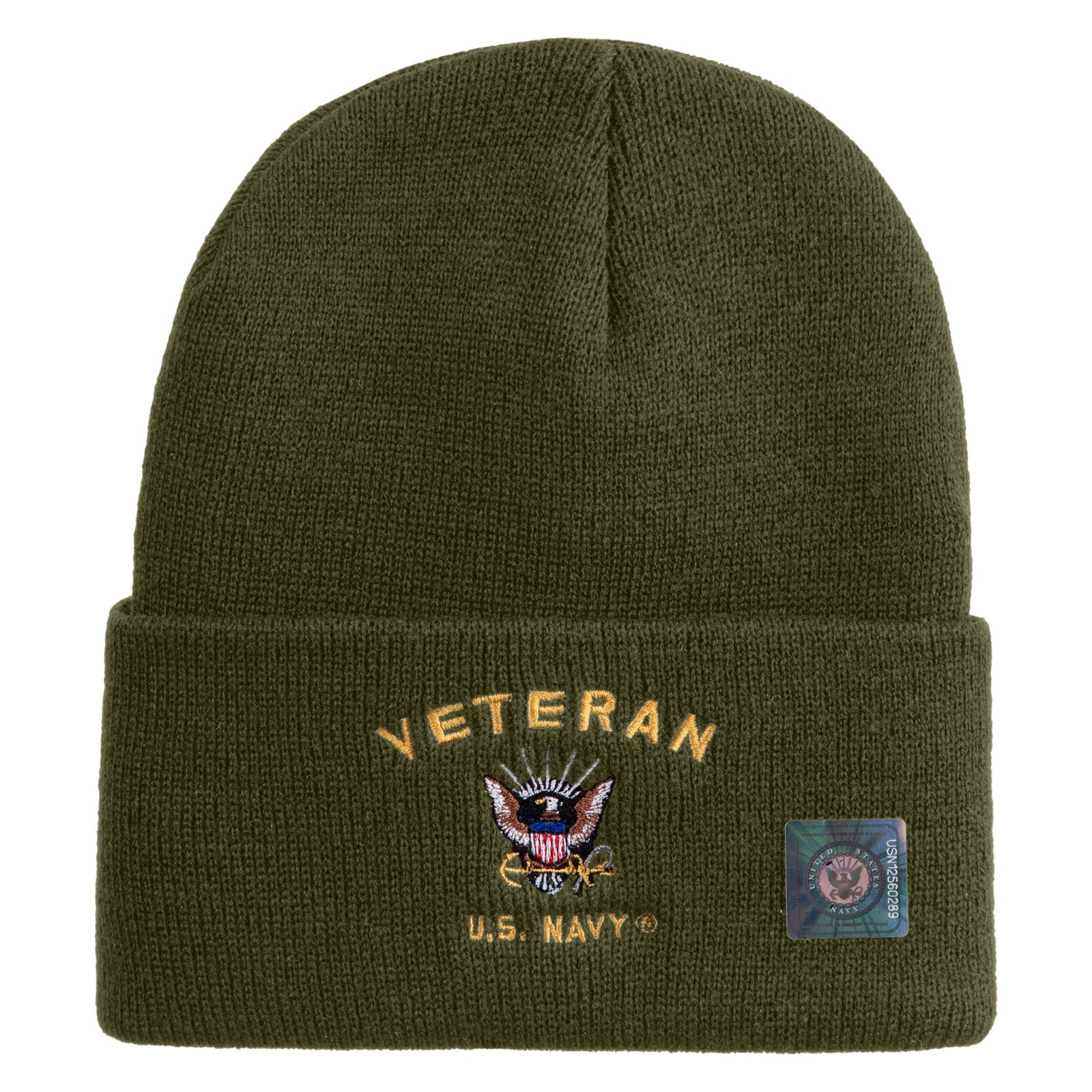 Green beanie with 'Veteran U.S. Navy' embroidery on a white background