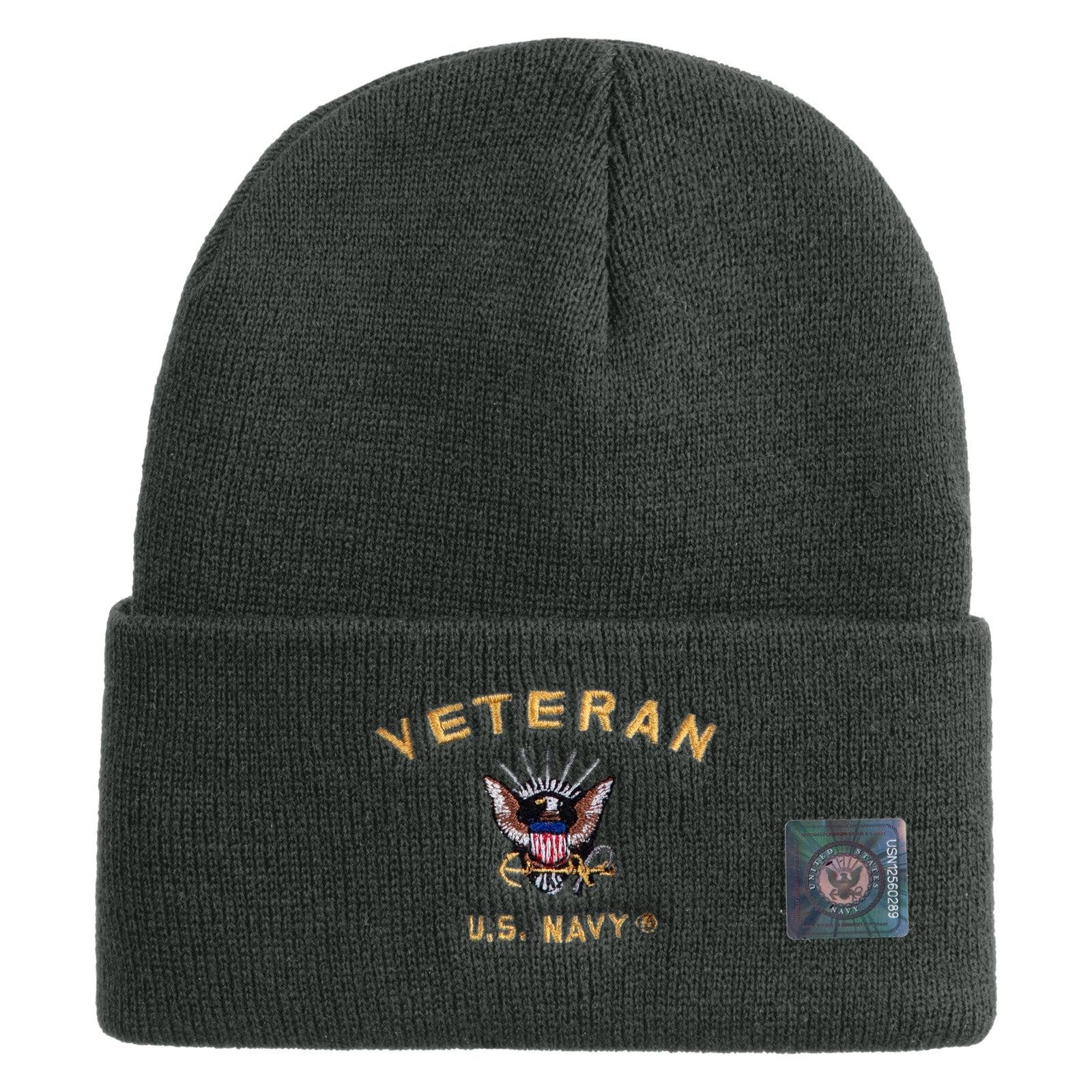Dark green beanie with 'Veteran U.S. Navy' embroidery on a white background