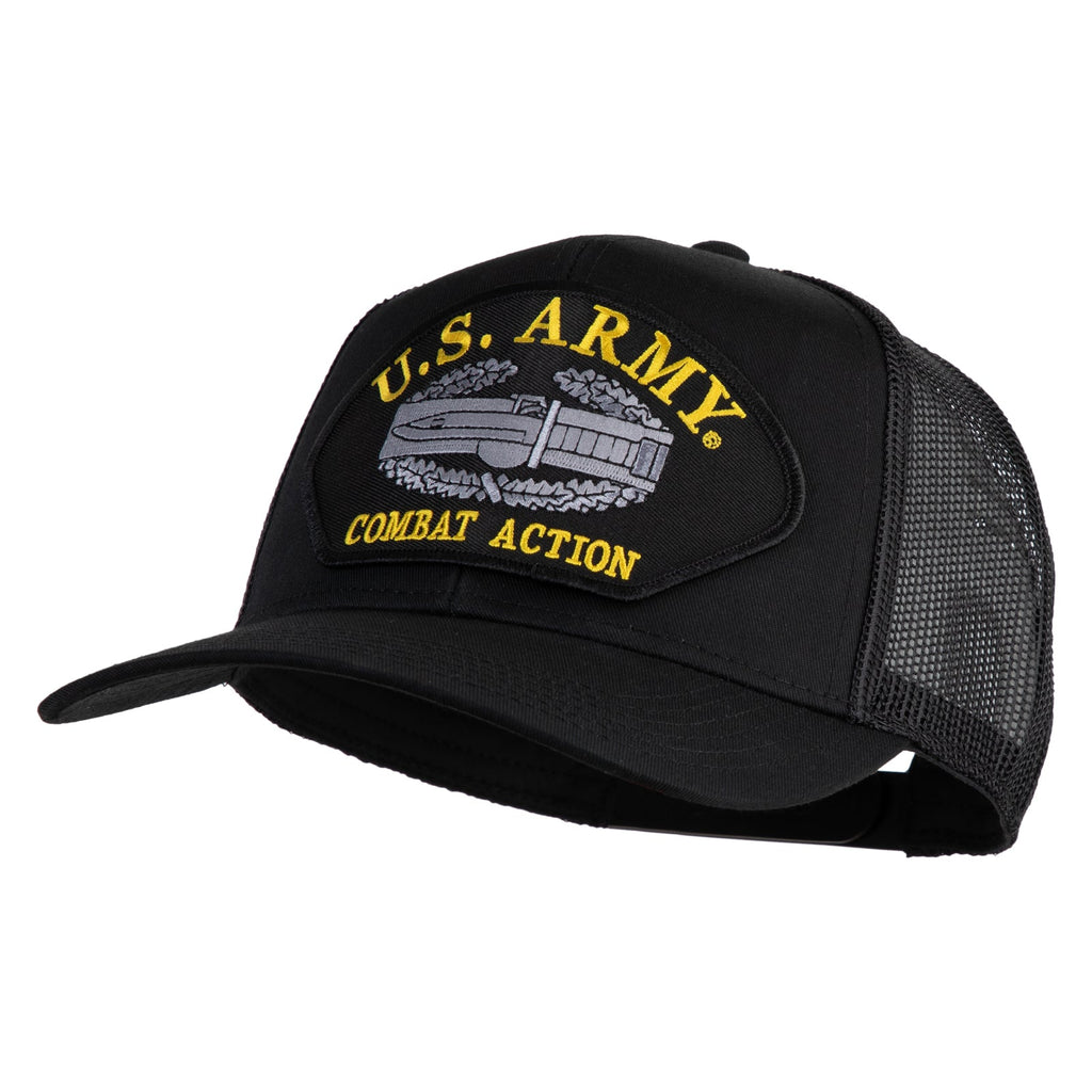 Black U.S. Army cap with 'Combat Action' patch on a white background