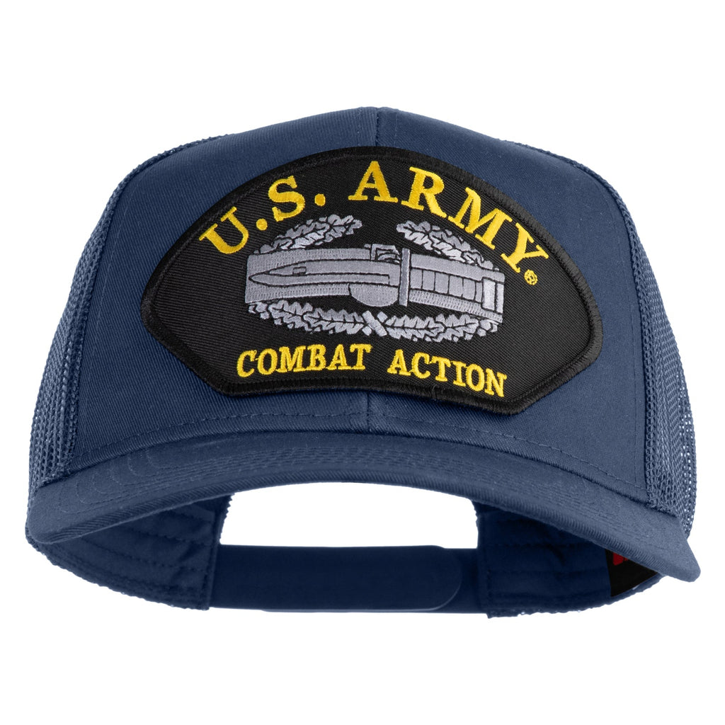 Blue cap with U.S. Army Combat Action patch on a white background