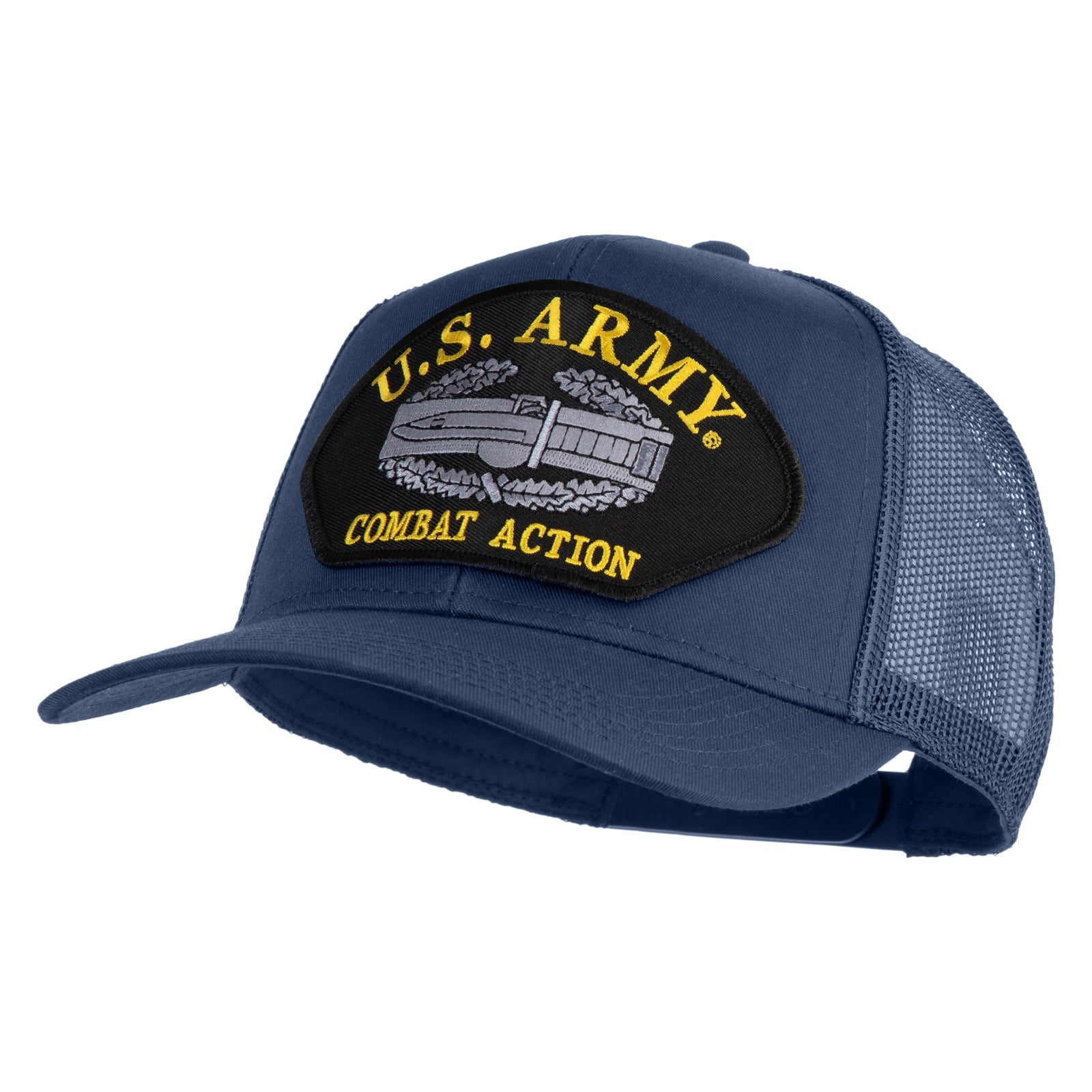 Blue cap with U.S. Army Combat Action patch on a white background