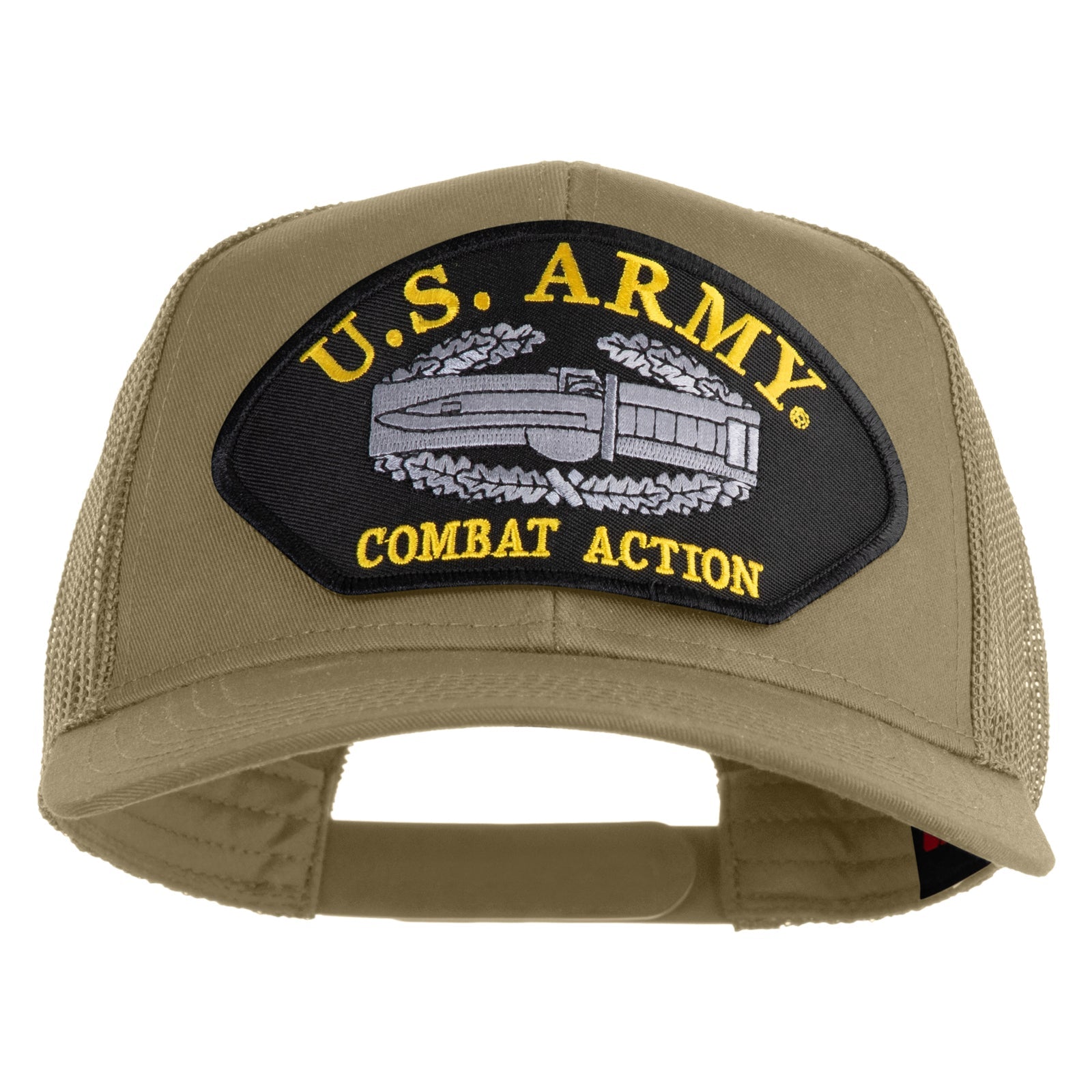 Khaki cap with U.S. Army Combat Action patch on a white background