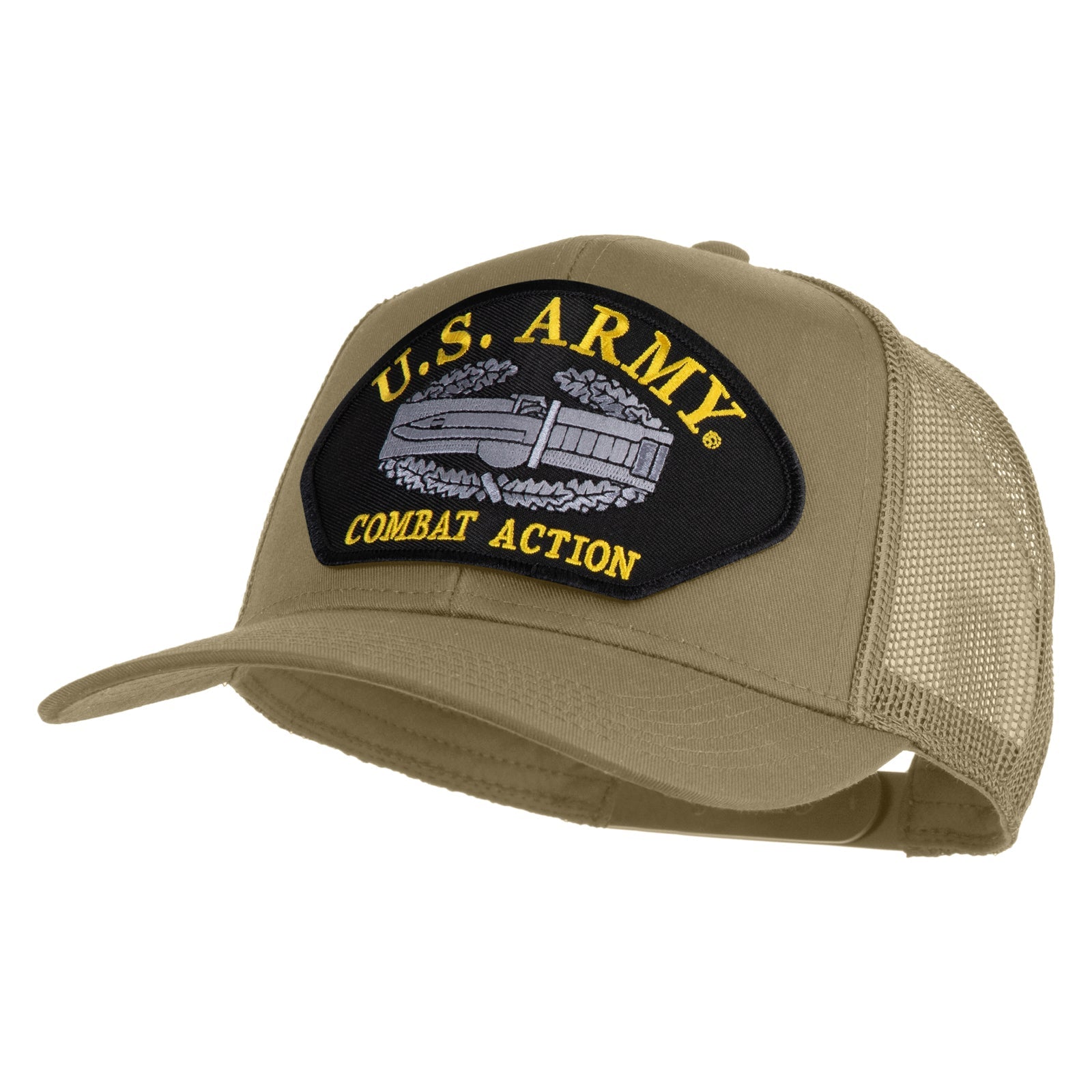Khaki cap with U.S. Army Combat Action patch on a white background