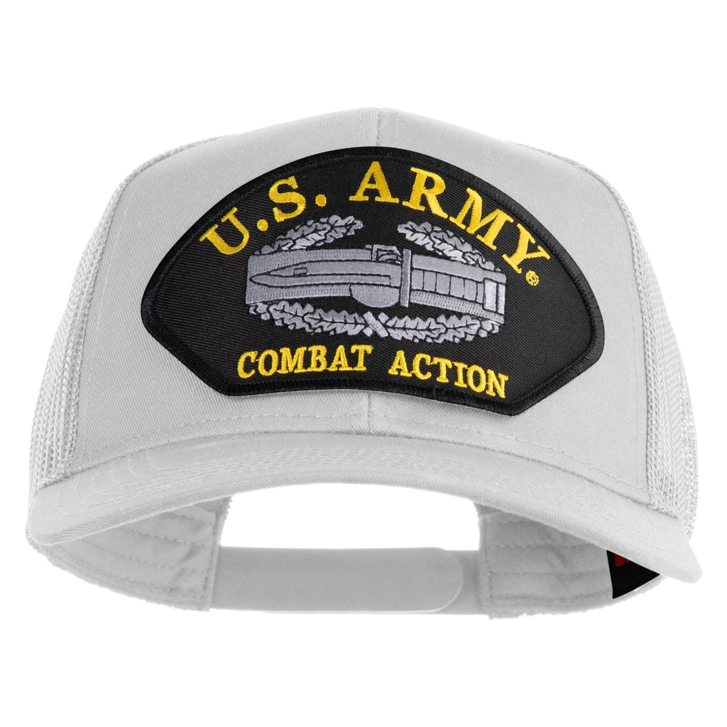 White cap with U.S. Army Combat Action patch on a white background