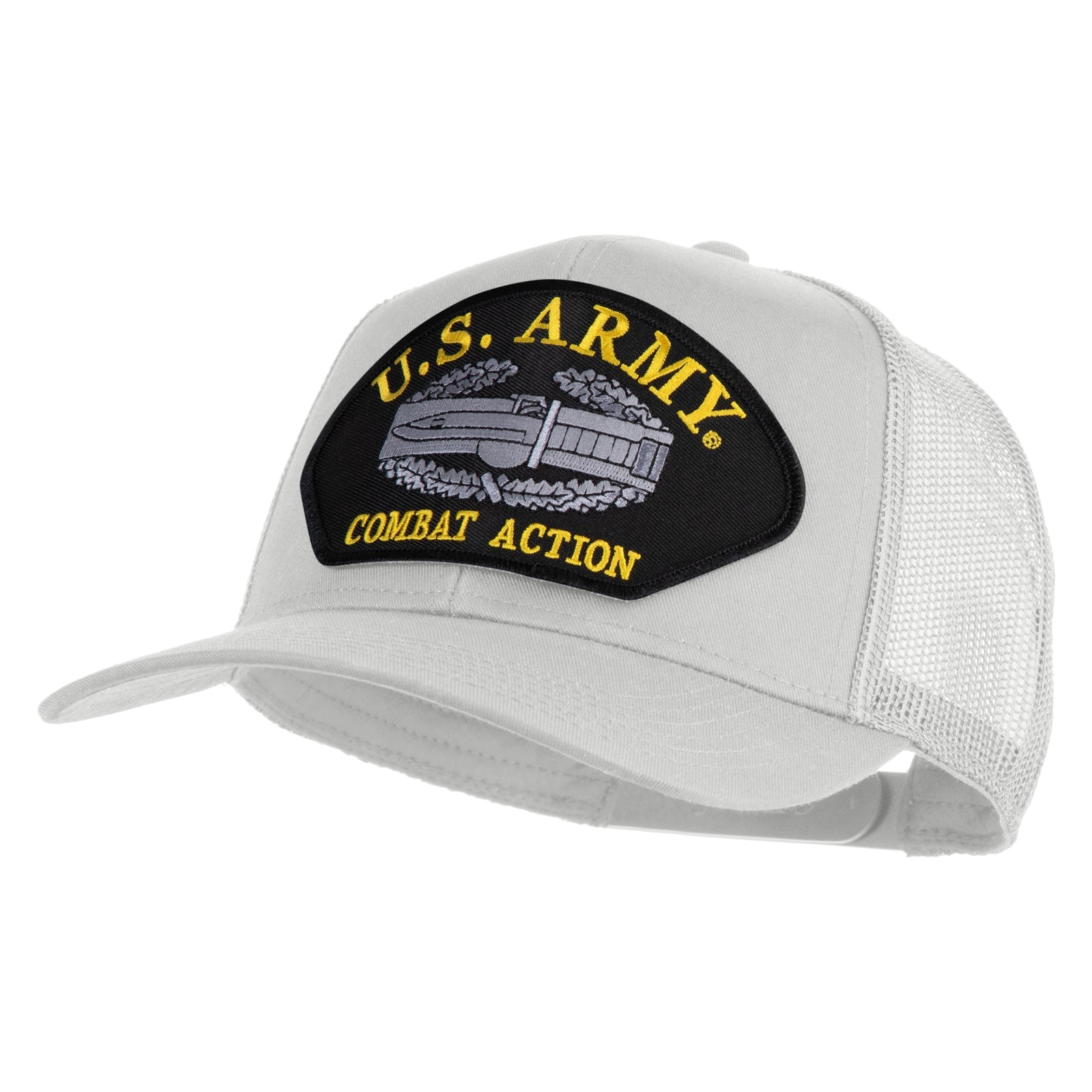 White cap with U.S. Army Combat Action patch on a white background