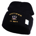 Black beanie with 'Retired U.S. Navy' embroidery on a white background