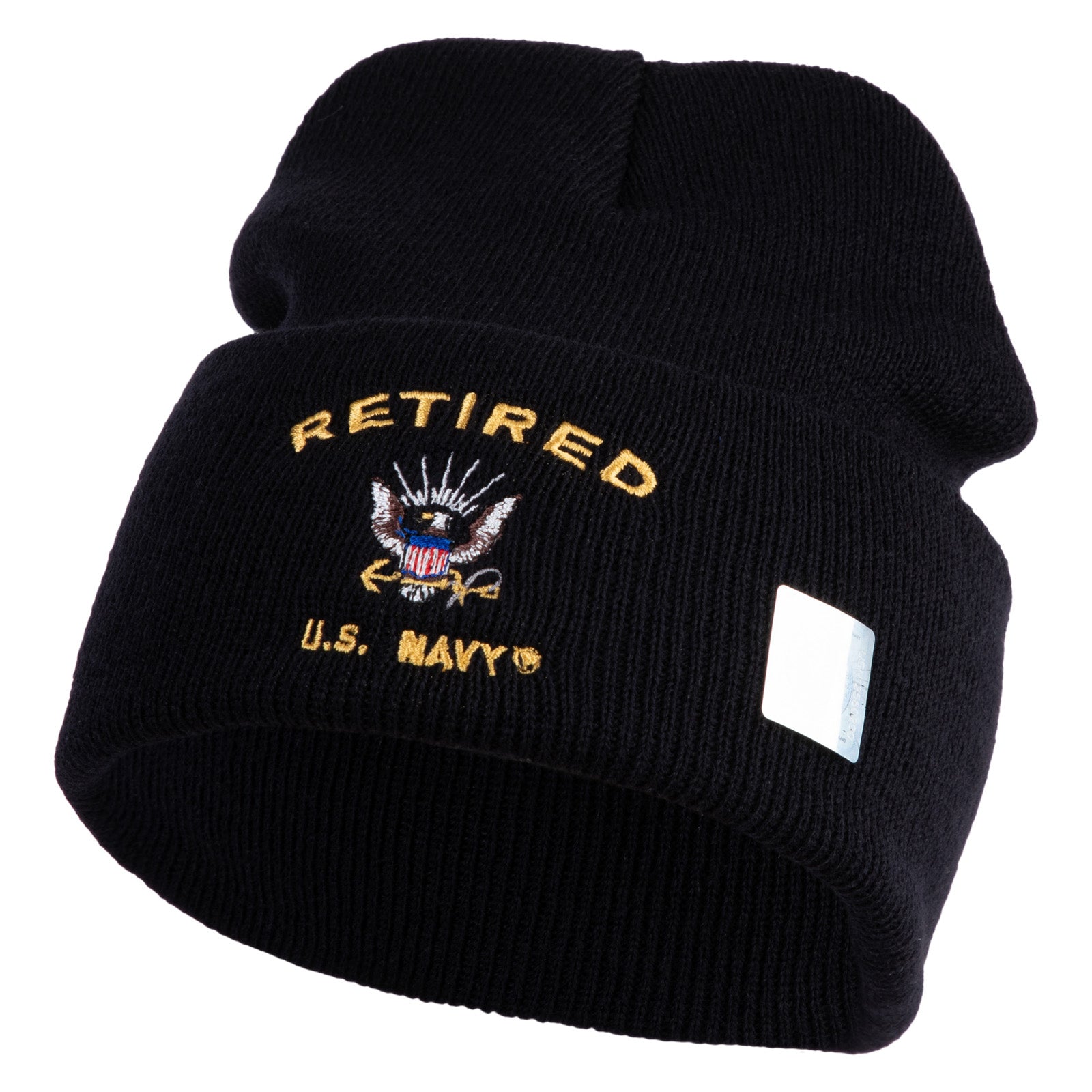 Black beanie with 'Retired U.S. Navy' embroidery on a white background