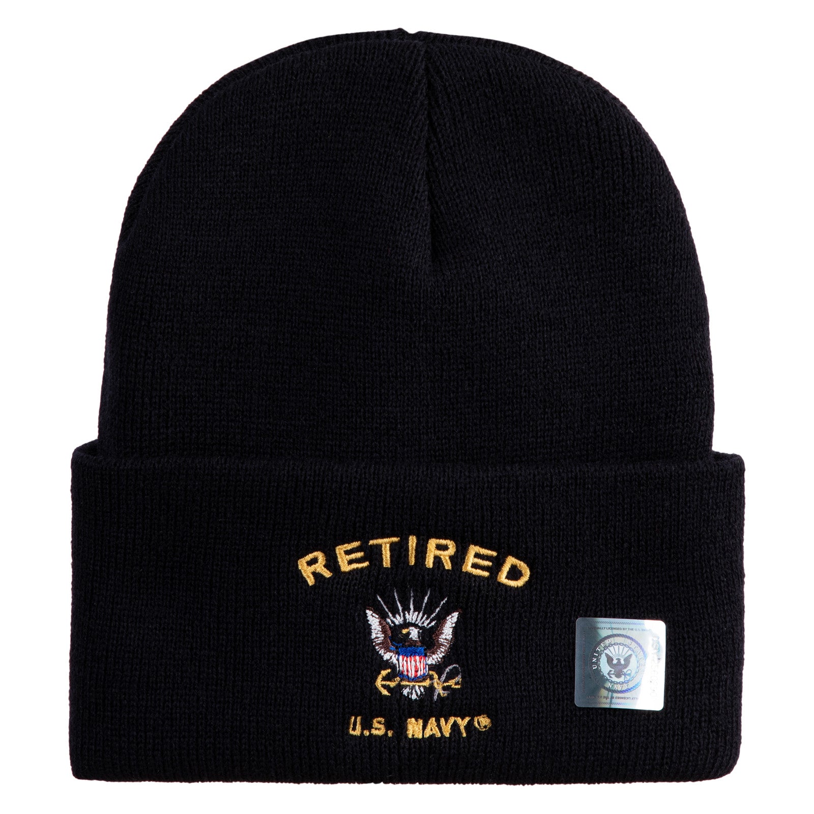 Black beanie with 'Retired U.S. Navy' embroidery on a white background