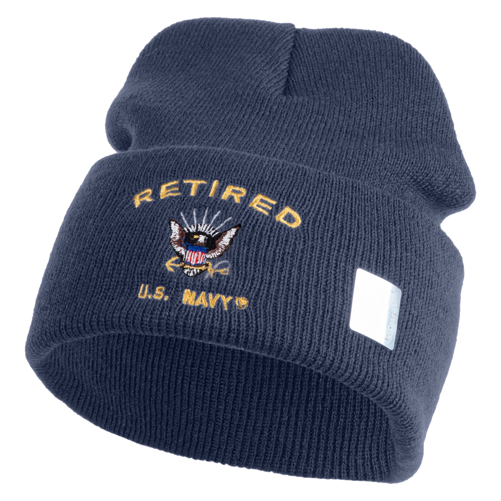 Dark gray knit beanie with 'Retired U.S. Navy' embroidery on a white background