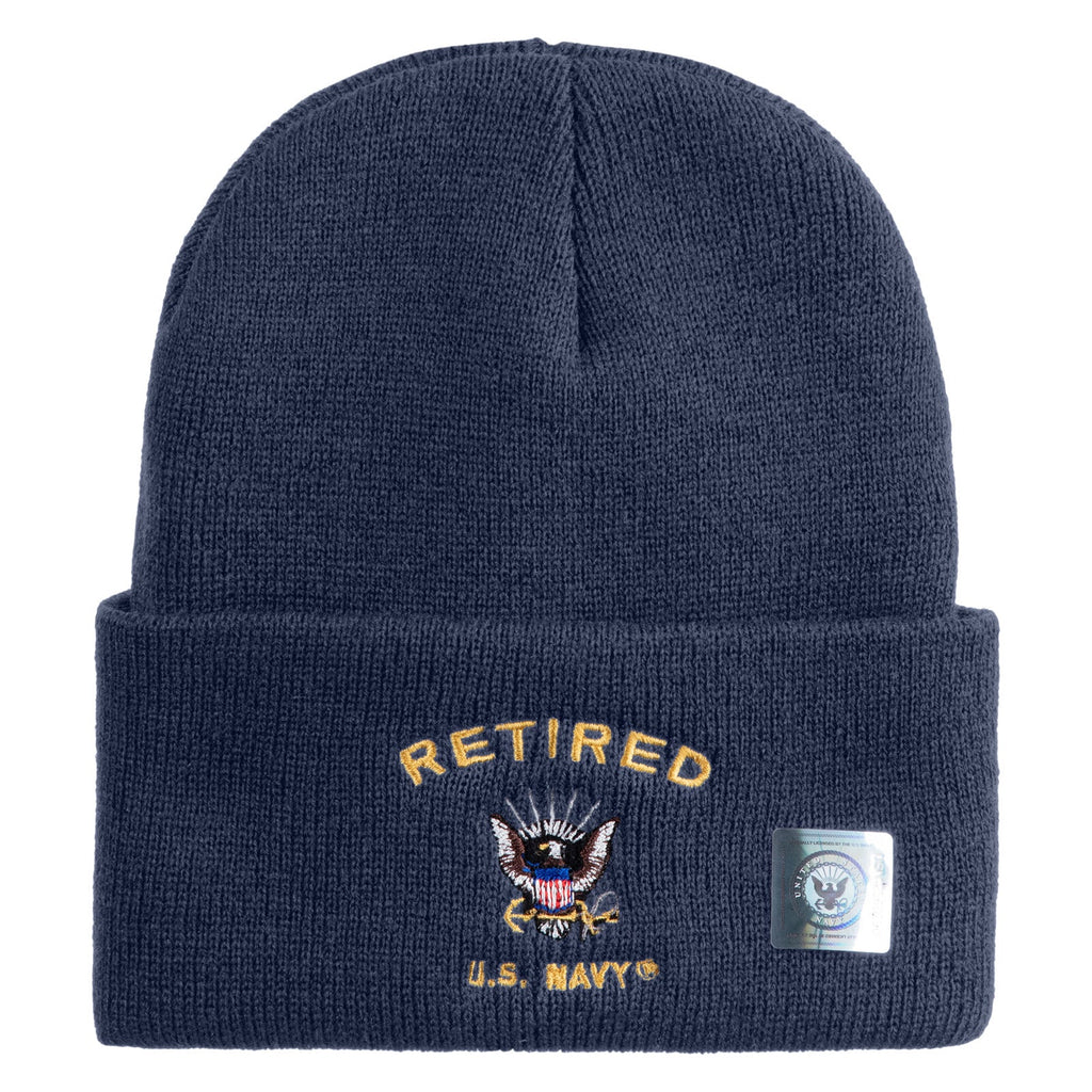 Navy blue beanie with 'Retired U.S. Navy' embroidery on a white background
