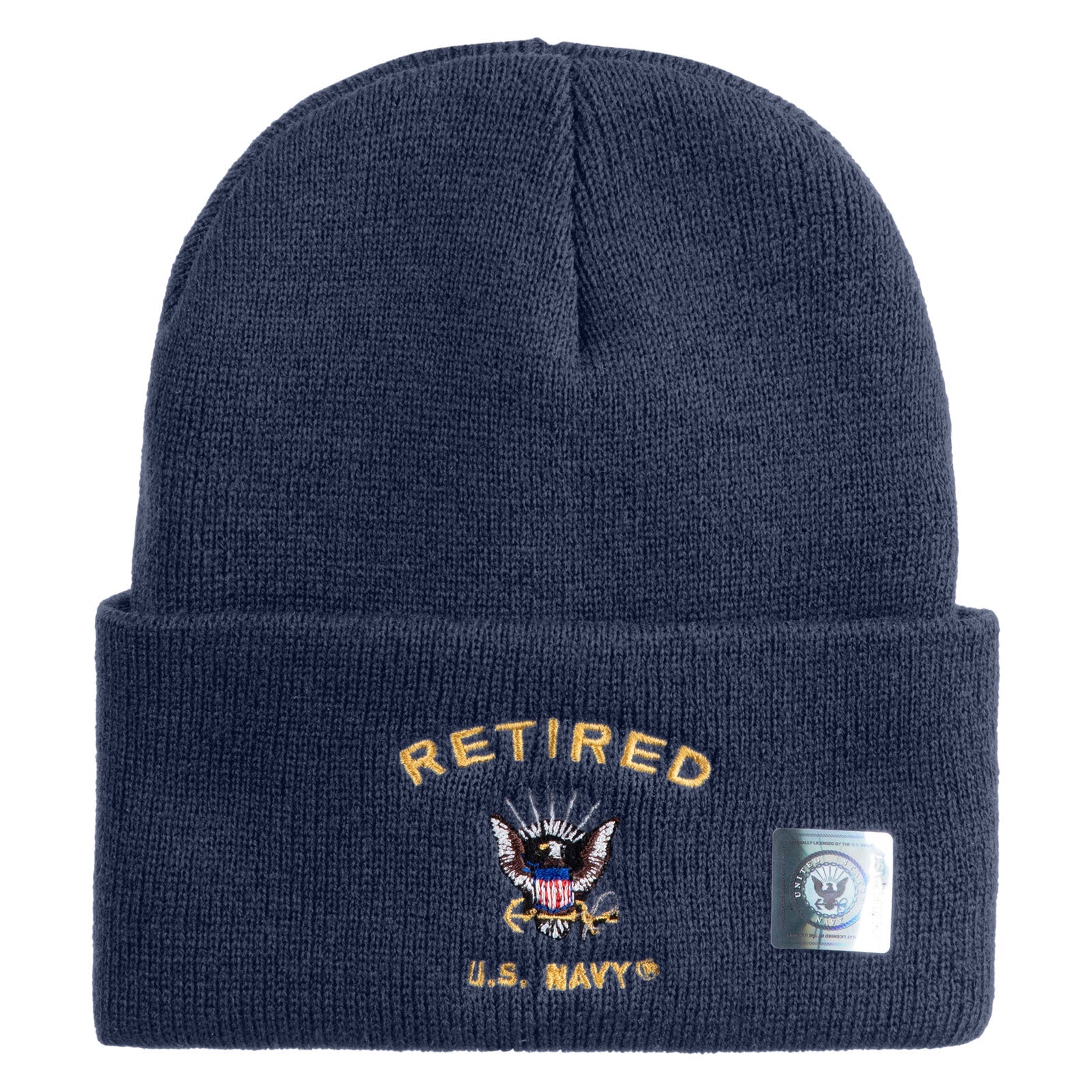 Navy blue beanie with 'Retired U.S. Navy' embroidery on a white background