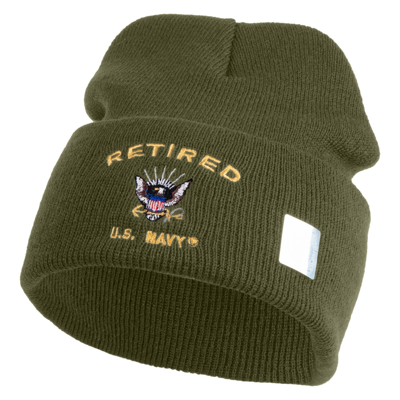Green beanie with 'Retired U.S. Navy' embroidery on a white background