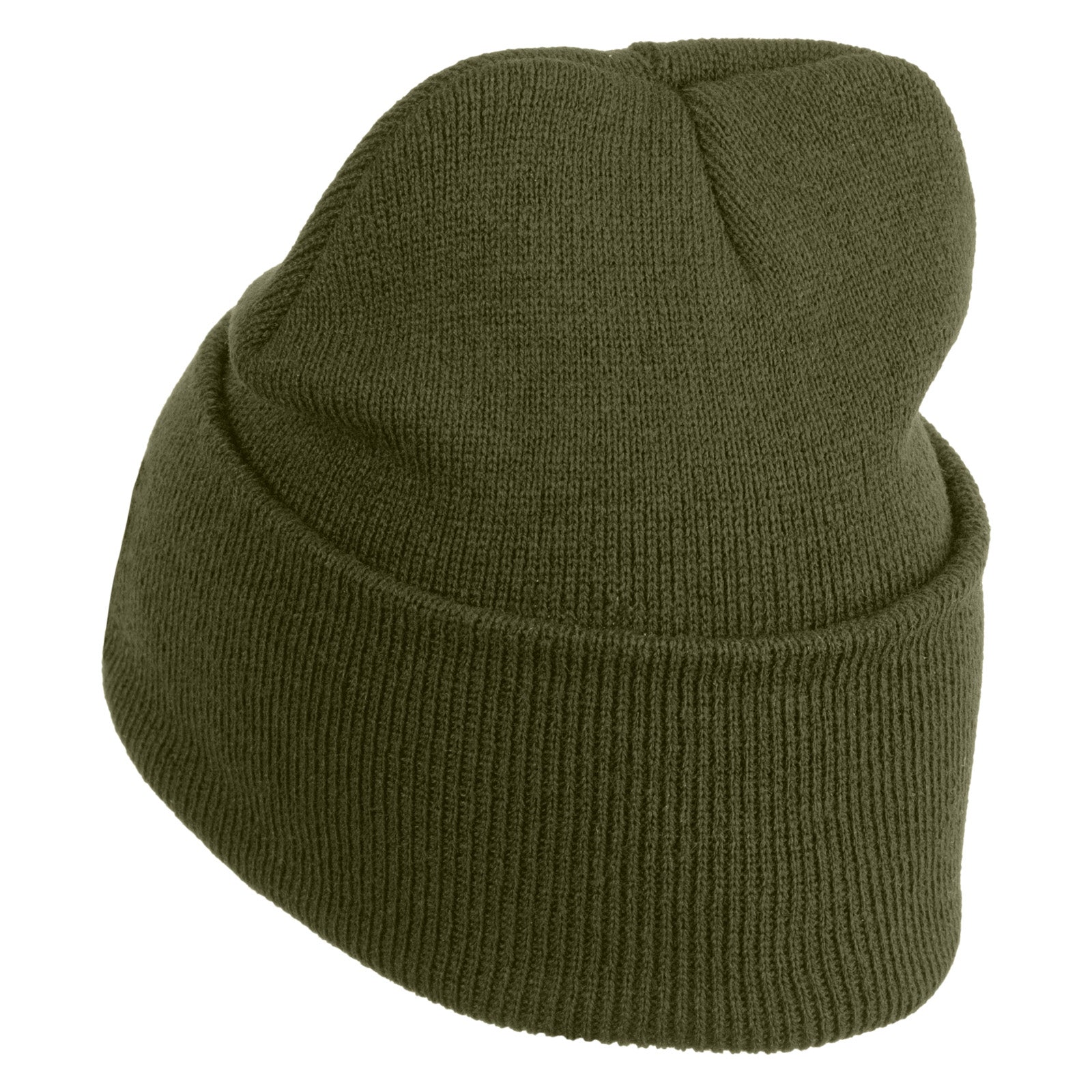 Green knit beanie on a white background